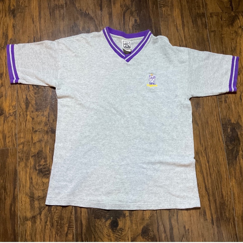 Vintage Savvy LSU Tigers V-Neck T-Shirt Mens Medium Heather Grey Embroidered